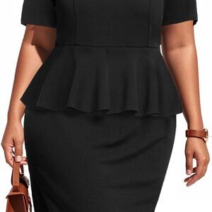 Plus Size Office Dress Knee Length Square Neck Peplum Business Elegant